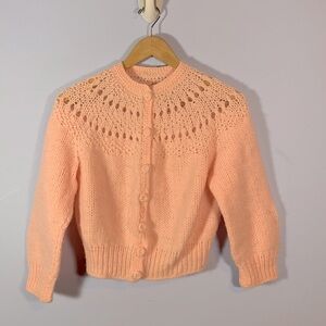 Hand knit crocheted light baby pink cardigan covered buttons homemade size 8-9